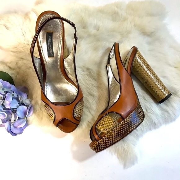 Dolce&Gabbana D&G Slingback Platform Peep-toe Heel Snakeskin+Leather Sandal Shoe - Picture 1 of 12